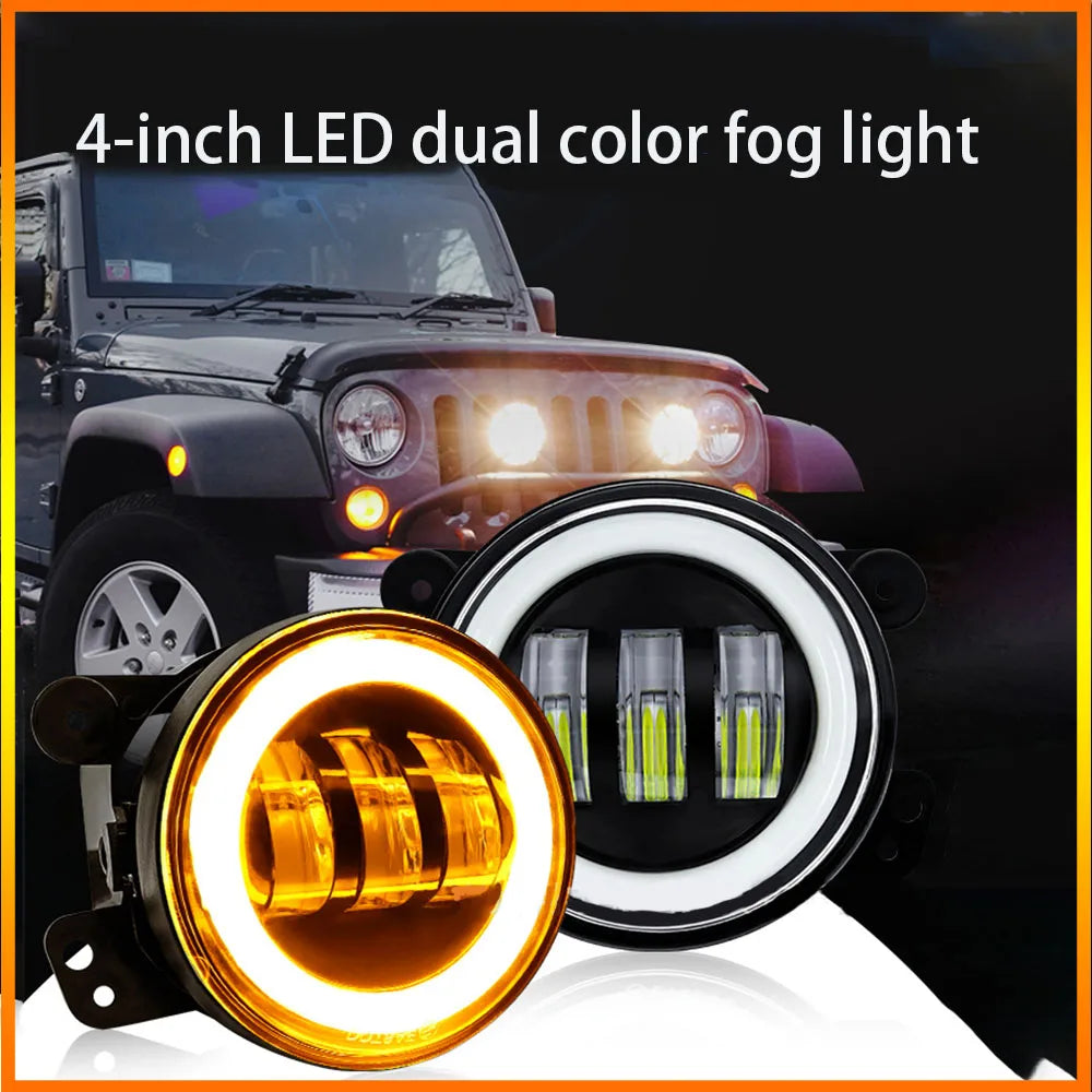 'Jeep Wrangler: 4" dual-color LED angel eye fog light with 3007 series halo fitment.'