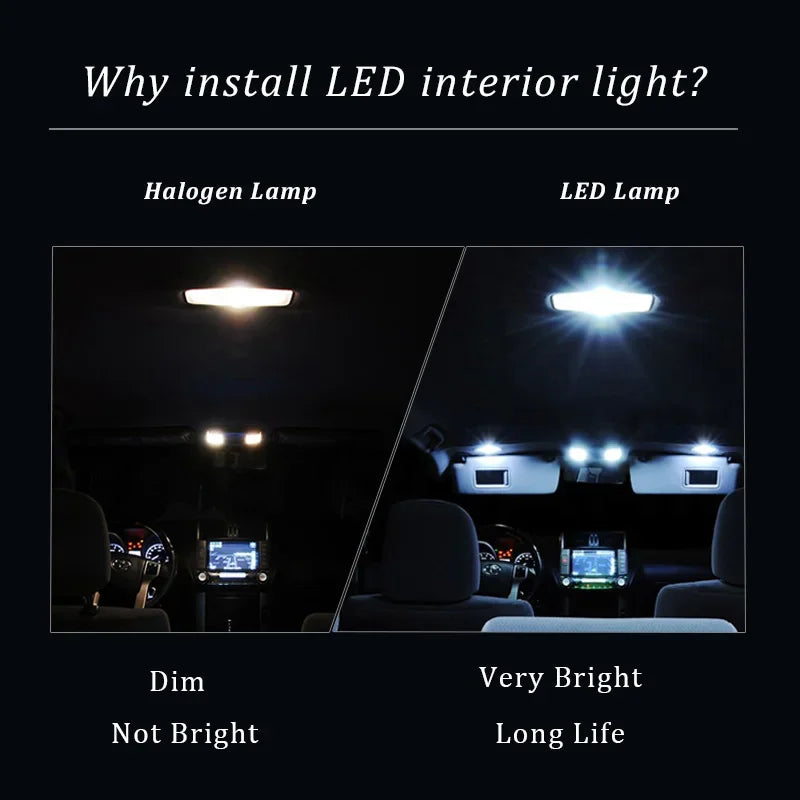 A comparison of BMW 3 Series interiors (1990–2013) shows the left with halogen lamps—dimly lit, while the right, fitted with the BMW 3 Series LED Interior Light Kit, looks much brighter. Highlights: increased brightness and longer lifespan.