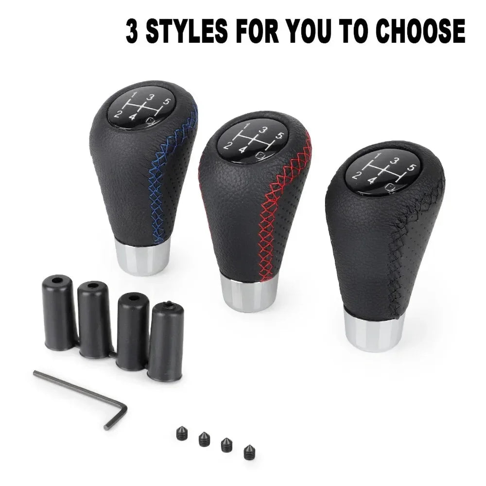 Set of 3 universal red-stitched leather gear shift knobs for 5-speed manual cars. Replacement or upgrade accessory. Compatibi