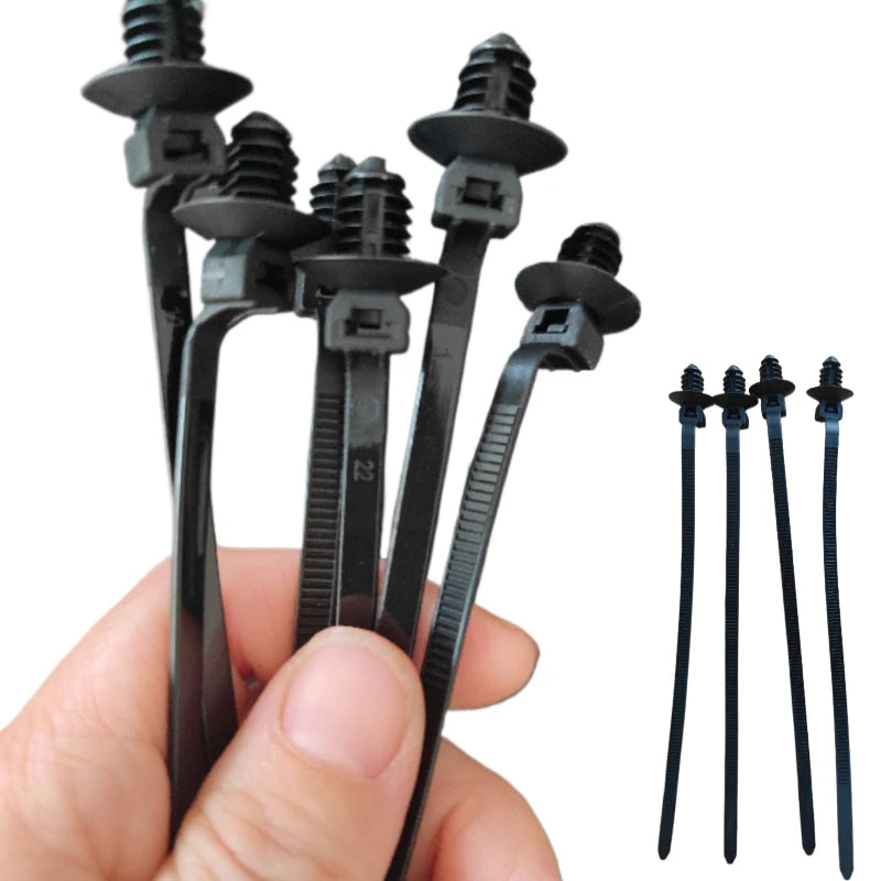 'Universal nylon cable ties with push-mount screws. Includes 4 black screws.'