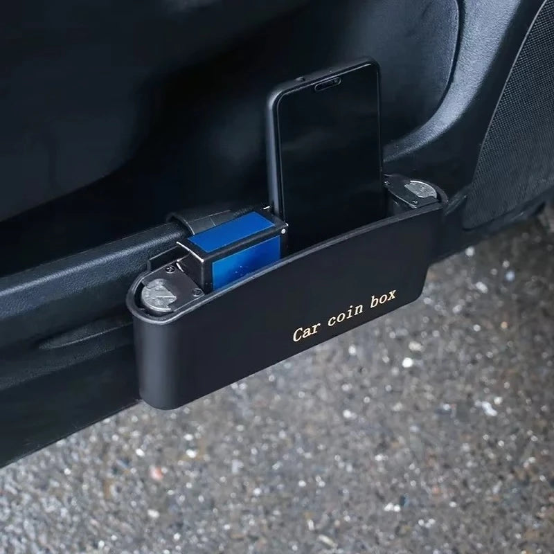 'Universal storage box mounted on car door. Holds trash and fits in trunk. Keyed lock included.'