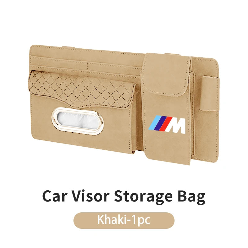 Beige BMW branded wallet with embossed logo for use as a sun visor tissue and glasses holder. (For BMW E36, E39, and E46 mode
