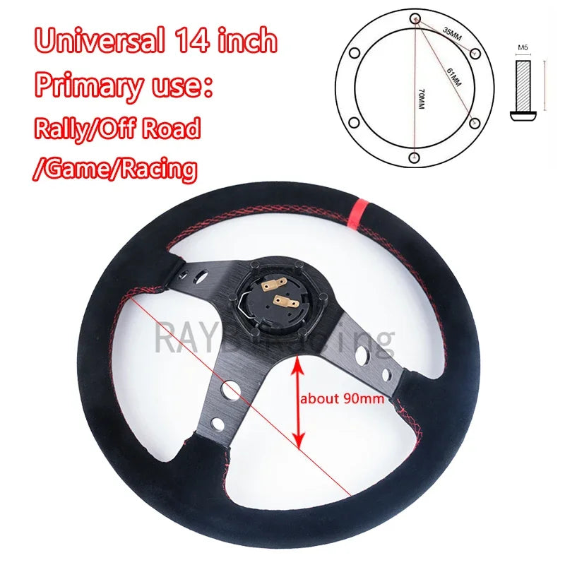"14-inch deep racing steering wheel with suede/PVC/PU grip and aluminum frame in drift sport style."