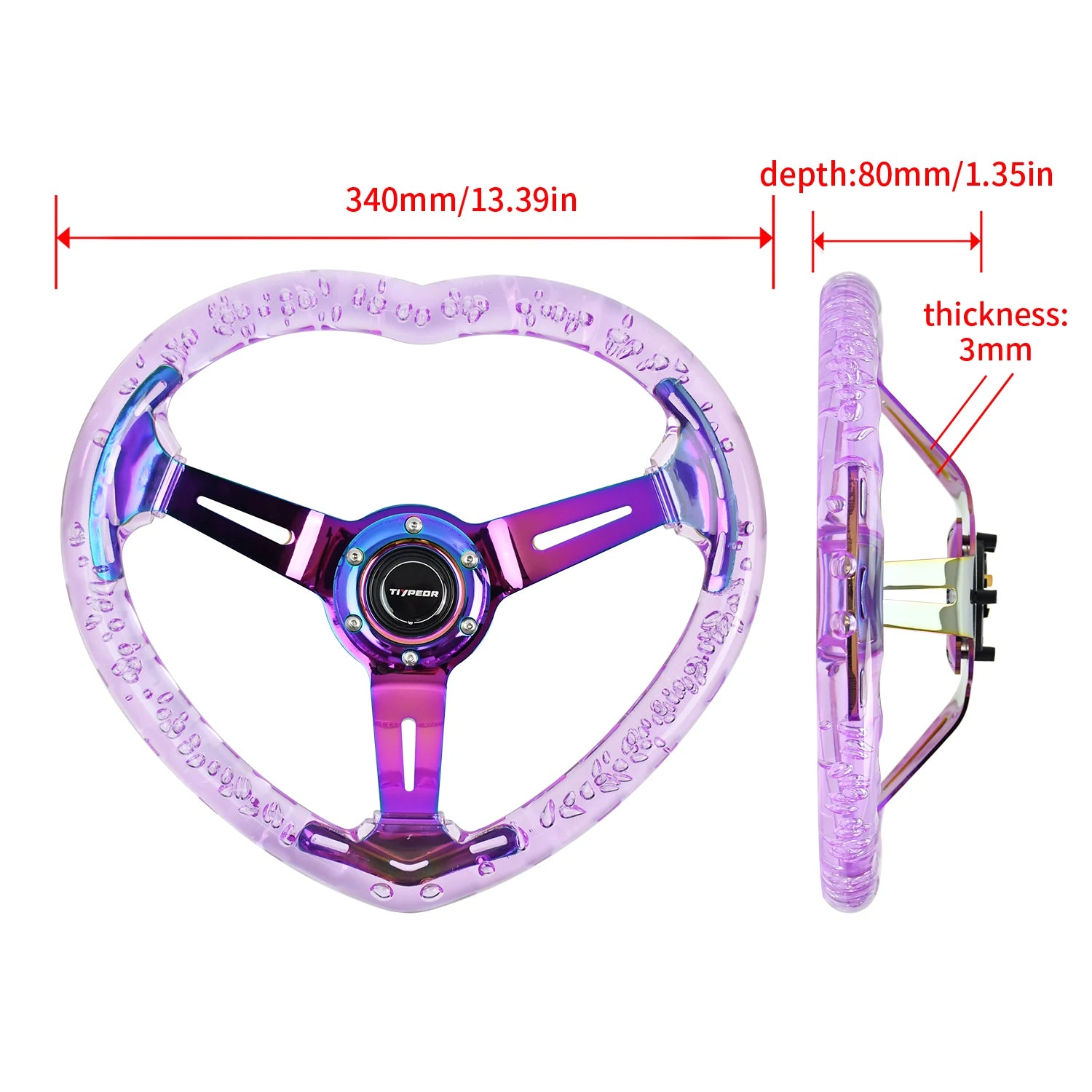 'Acrylic heart wheel with integrated LEDs (350mm, multi-color). Fits most cars for upgrade.'