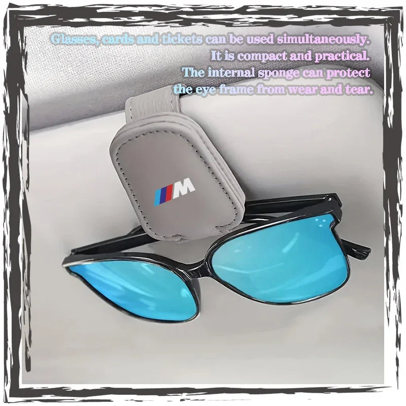 "Magnetic Leather Sunglass Clip for BMW: Securely holds sunglasses and phone on E36, E39, E46 vehicles."