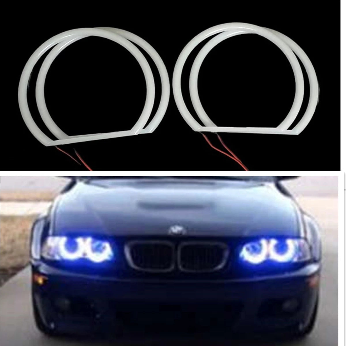 Four pack of BMW E36/E39 LED halo rings in white and amber for replacement of front bumper light covers.