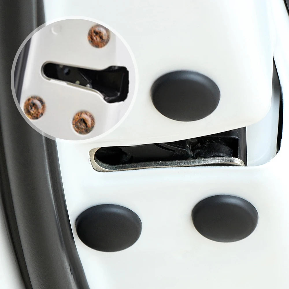 Twelve white-and-black screw covers for various makes including BMW, VW, and Skoda car doors. [Close-up view].