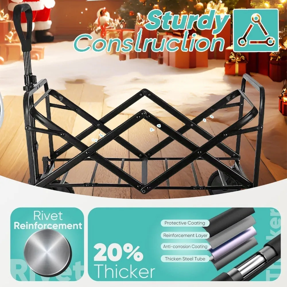 'Metal folding cart with Christmas tree on grass. All-terrain stand, 36-inch capacity.'