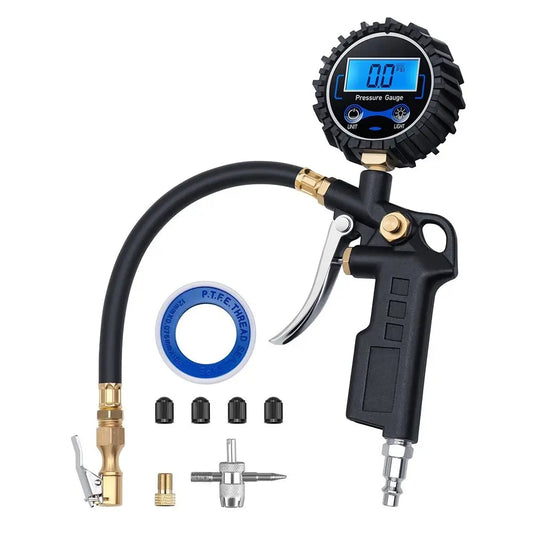 Digital tire pressure gauge with hose + chuck - 250 PSI, 0.1" resolution. Fits standard Schrader valves. Tool-grade accuracy 