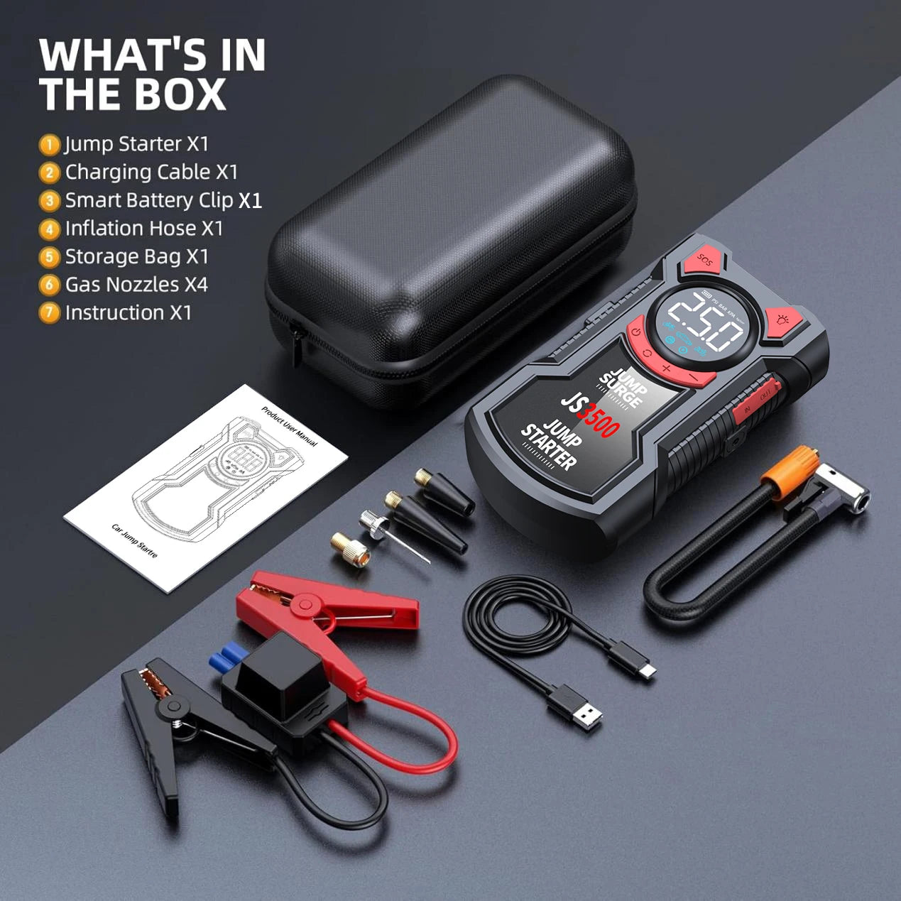 '5-in-1 air pump + jump starter. Portable power for tires & engines. Essential car tool.'