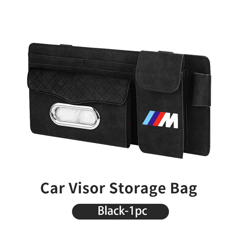 "BMW Sun Visor: Black Leather Case for E36, E39, and E46 models - Holds sunglasses and tissues."