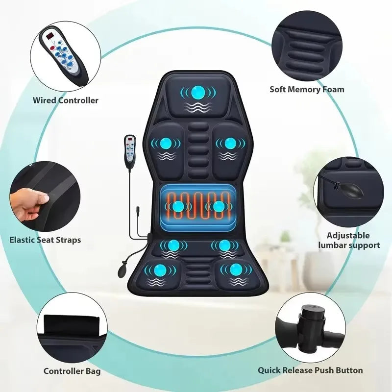 Heated massage cushion with 9 modes and adjustable lumbar. Remote-controlled for custom relief. Fits most chairs.