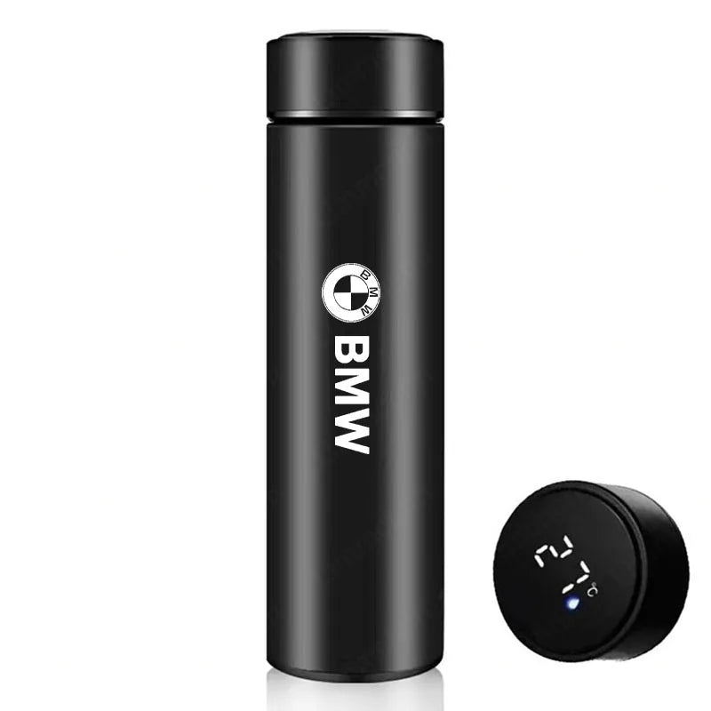 "BMW M Thermos, 500ML stainless steel travel cup with black lid and white logo."