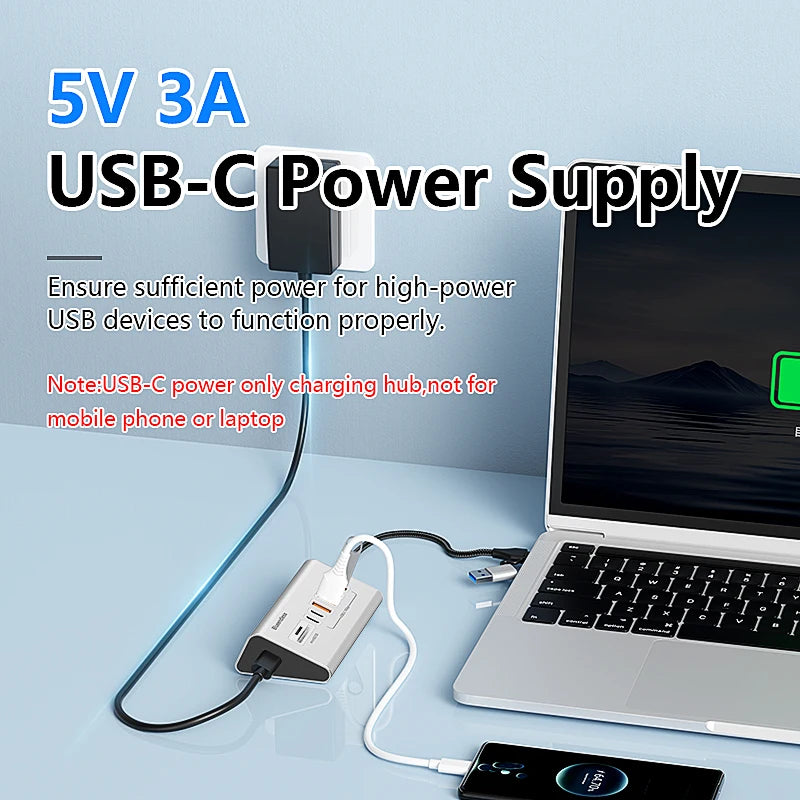 '10Gbps USB-C hub with 3A charging. Data transfer and power boost.'