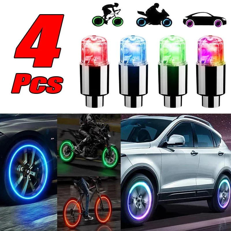 '4pc LED wheel lights - colorful valve cap fits car/bike/motorcycle. 4-color set. Bike accessory.'