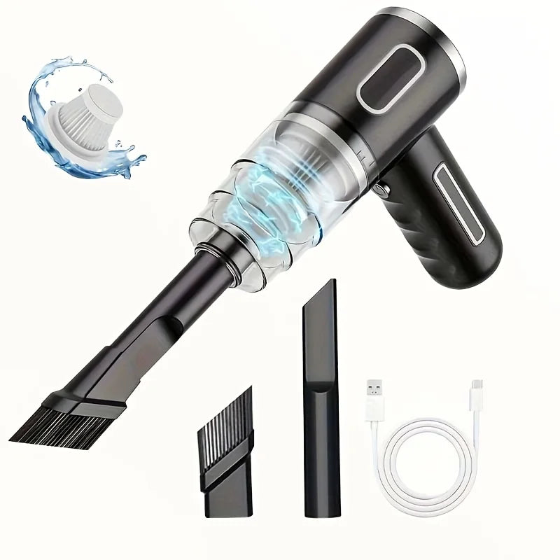 USB mini vacuum cleaner shaped like a hairdryer with removable blue water tank - works on car, home, office. Functional desig