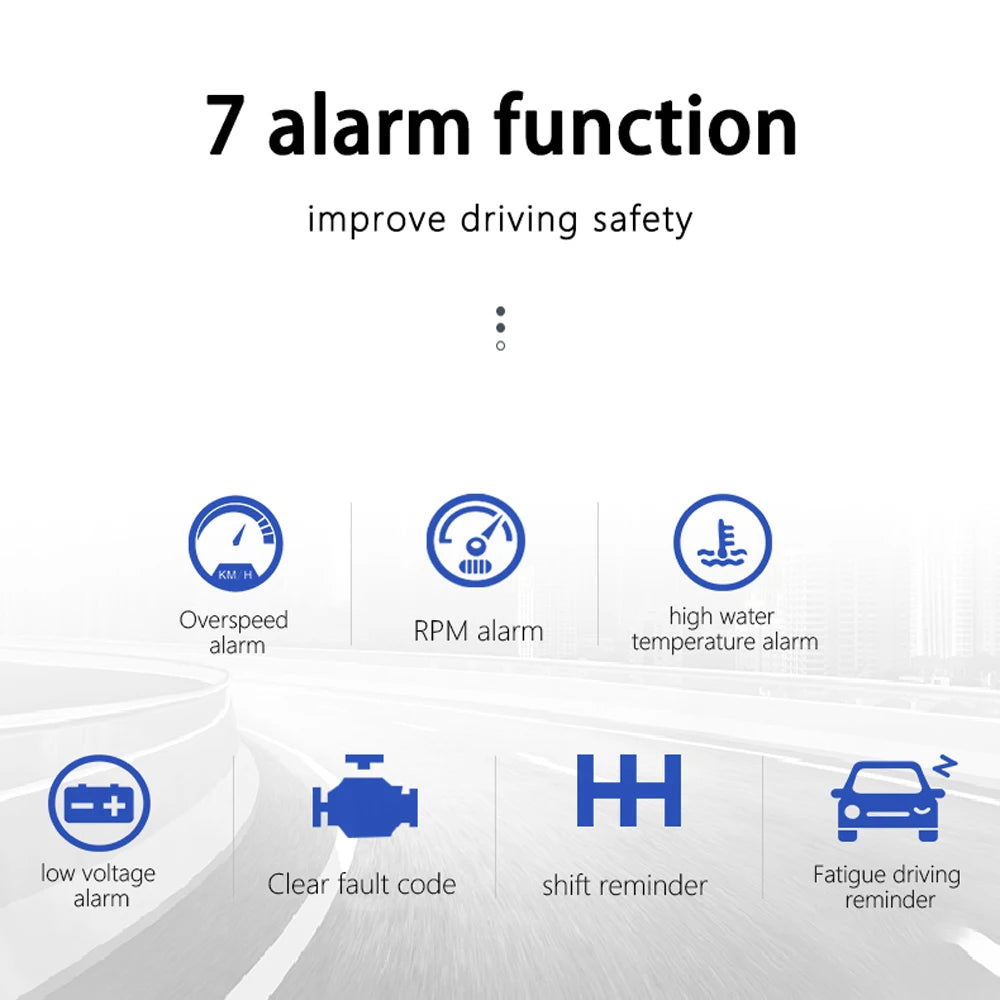 'OBD C500 Car HUD with 7 alarms. LCD display for speed, RPM, and turbo stats.'