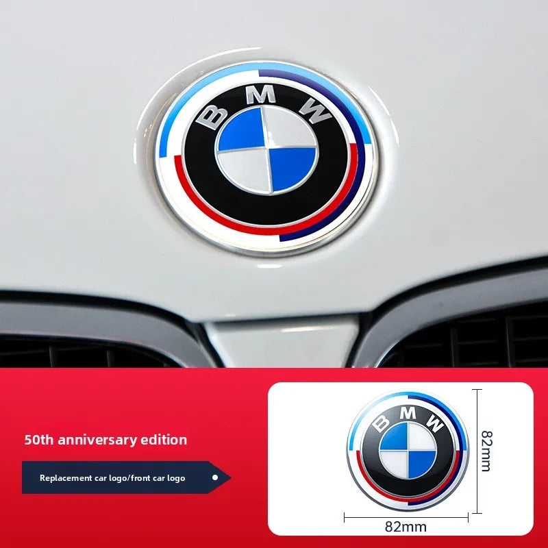 "BMW 50th Anniversary Front/Rear Emblem Badge, 74mm/82mm, one piece."