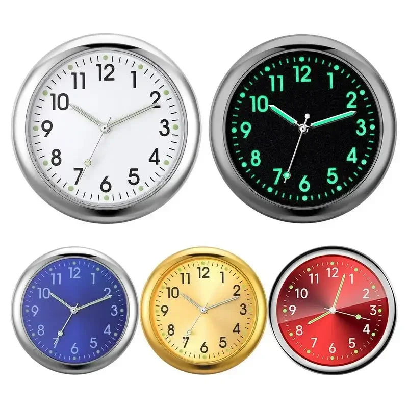 'Four mini luminous car clocks in various colors, suitable for dashboard or gear shift.'
