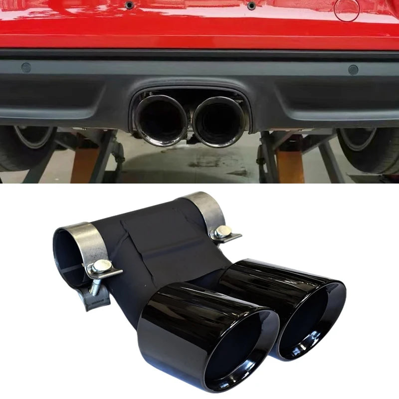 Dual exhaust tip for Porsche Cayman & Boxster 987/981/718 models (2009-2024), featuring two connected exhaust pipes.