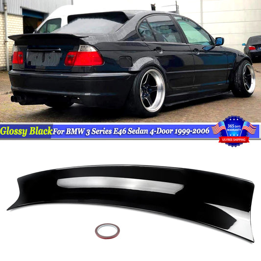 Gloss black Ducktail trunk spoiler for BMW E46 Sedan (1999-2006).