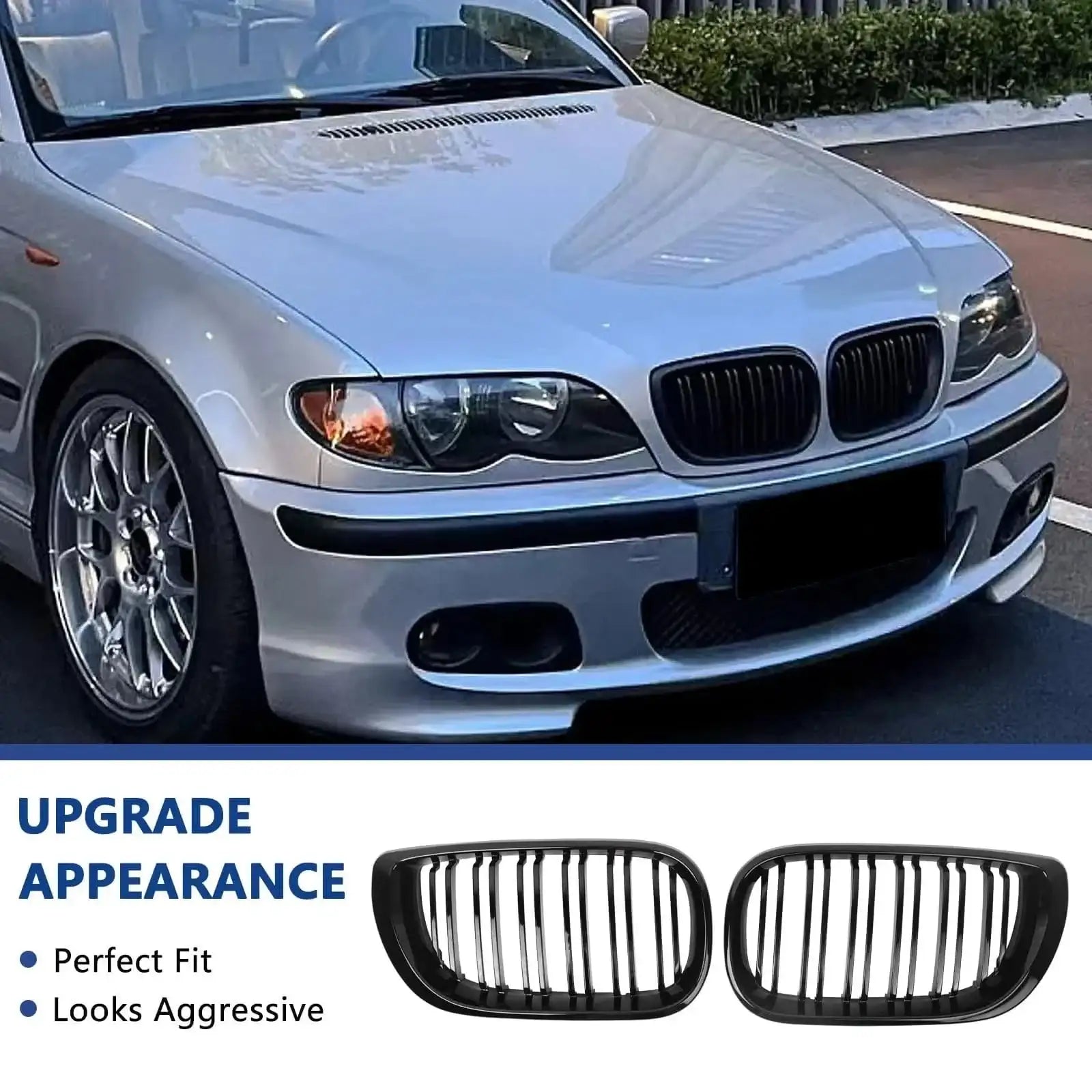 BMW E46 Kidney Grille Double Slats Black – 3 Series 2002–2005 (320i 325i 325xi 330i 330xi 4-Door) - JustUsRacers