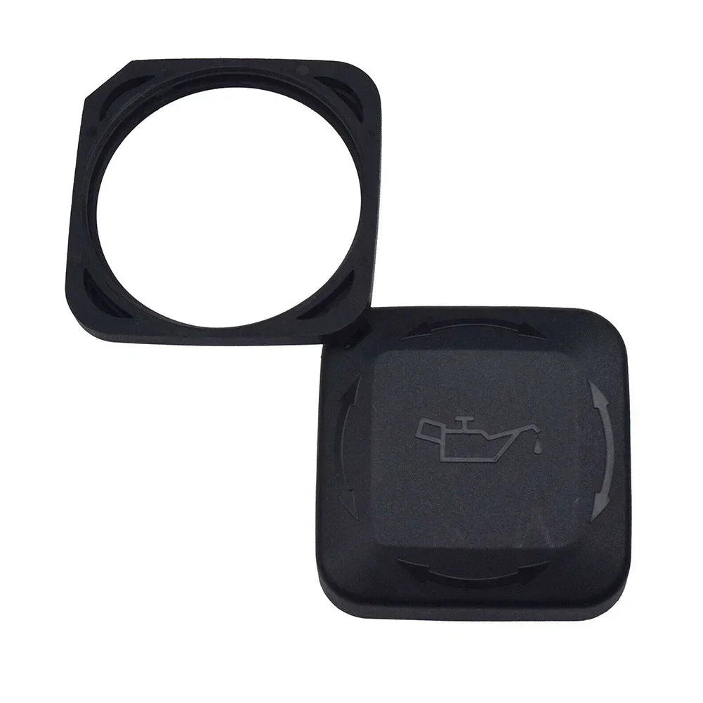 Black BMW oil filler cap cover with contrasting white background. Fits various models including E36, E34, E39, E46, E90, E60,