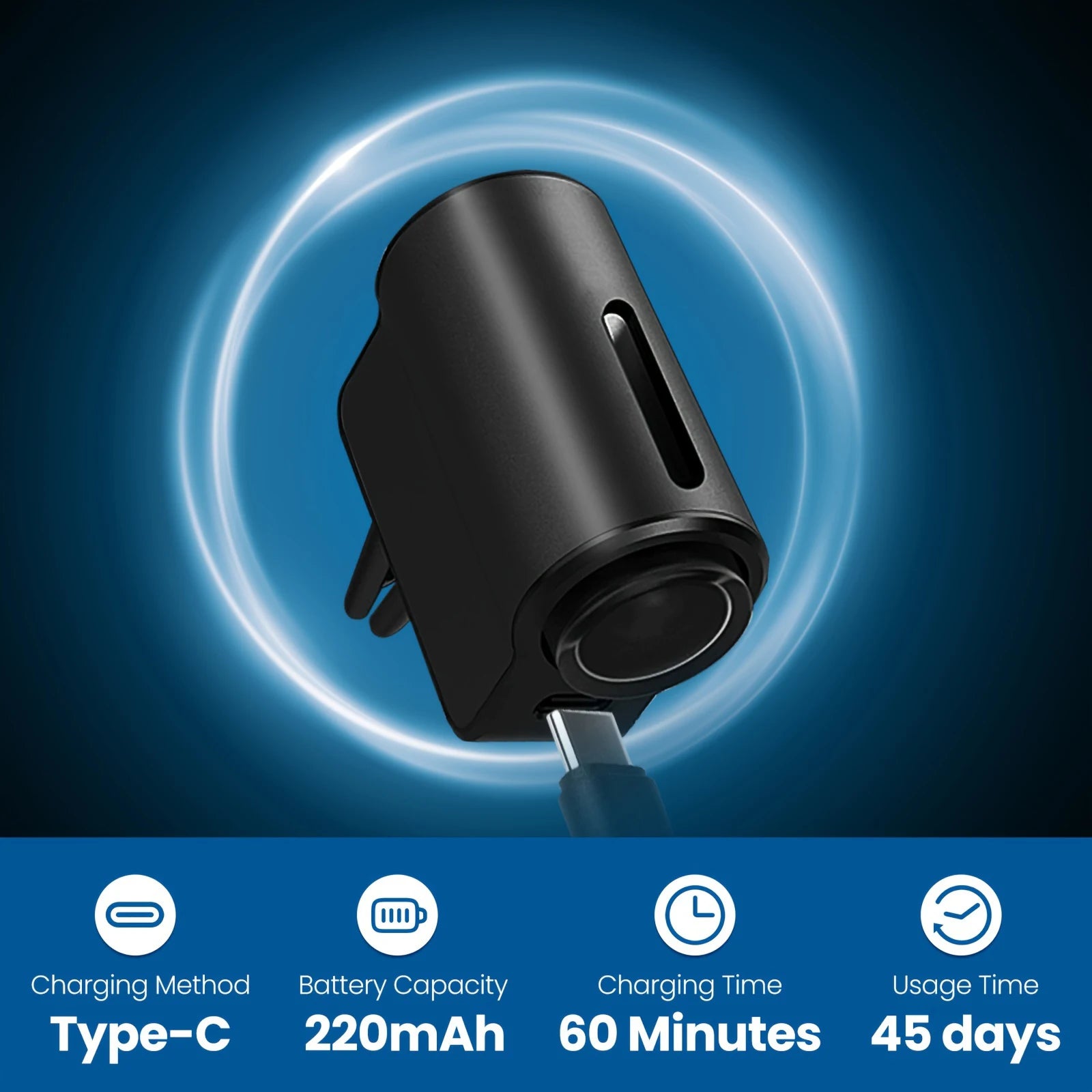 'Car air freshener diffuser plugged into black charging cable on blue background.'