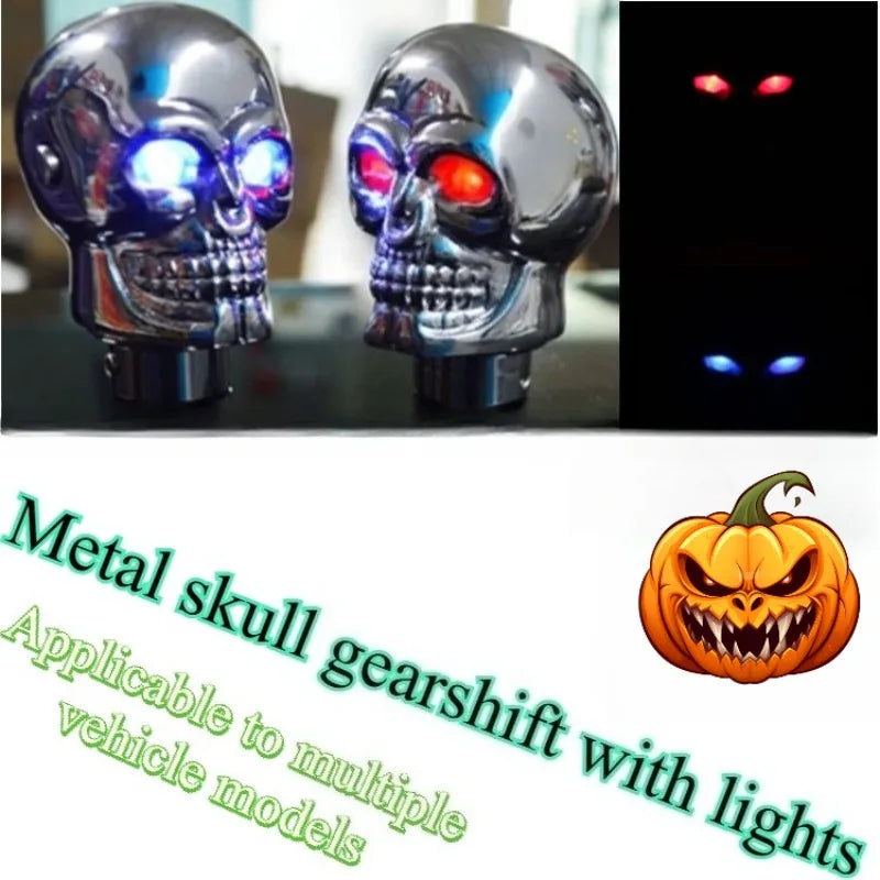 Two skeleton figures with glowing eyes holding a pumpkin-shaped gear shift knob. Universal LED rock-style automotive accessor