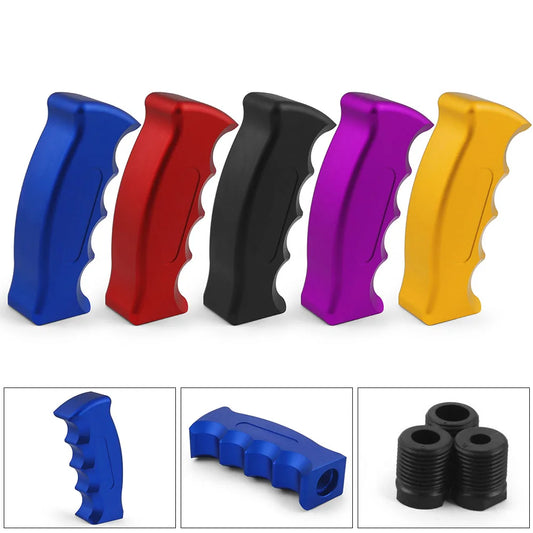 Aluminum gear knob kit in four colors - black, silver, red, blue. Fits standard shift rods for customized style. Set includes