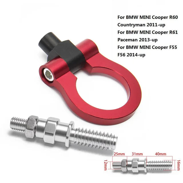 "Universal aluminum towbar for BMW E46, E36, E30, and E90 models. Dimensions: 20mm x 20mm x 20mm (flange), 30mm x 30mm (tow b