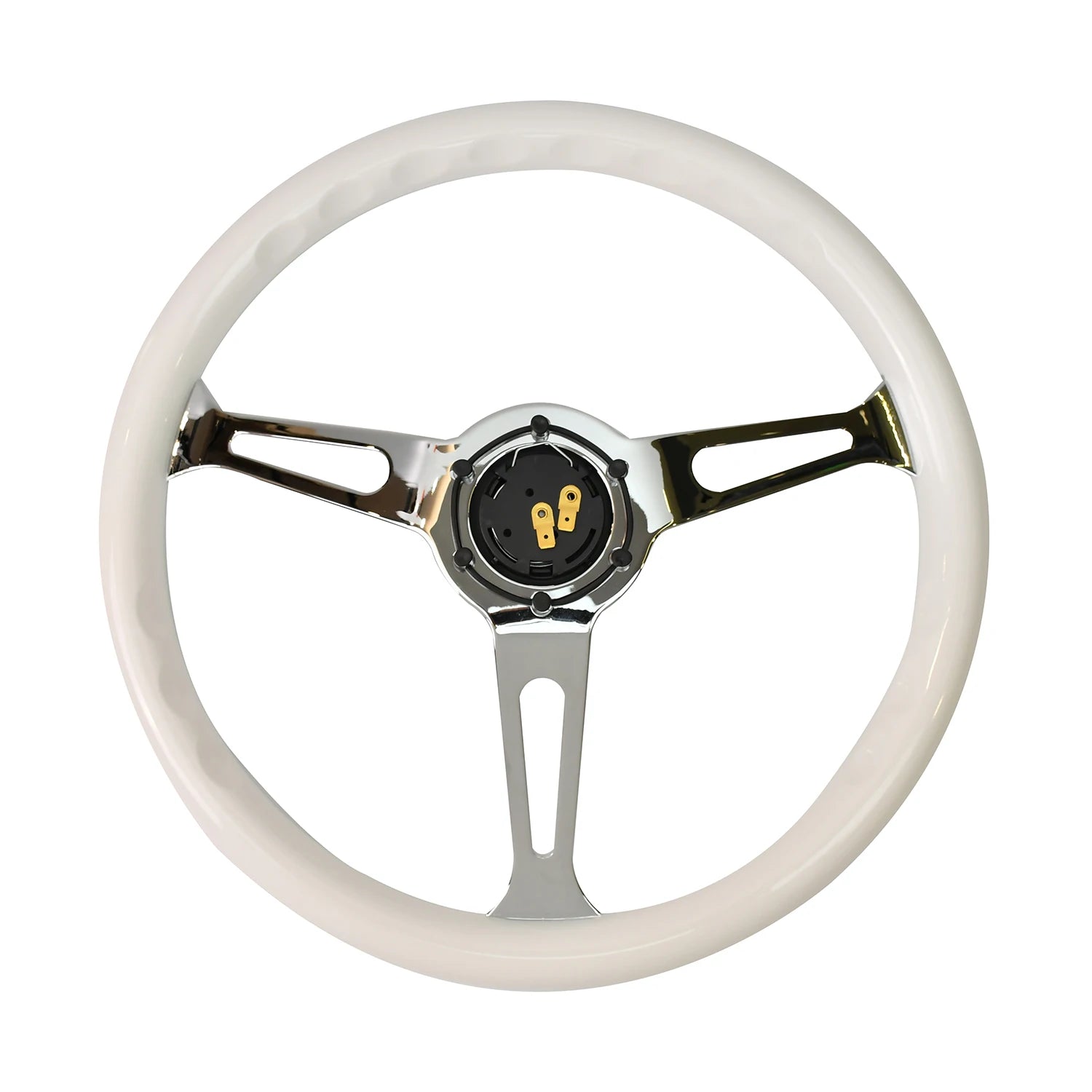 'Universal 380mm steering wheel with black/white/yellow accents. JDM-style quick release.'