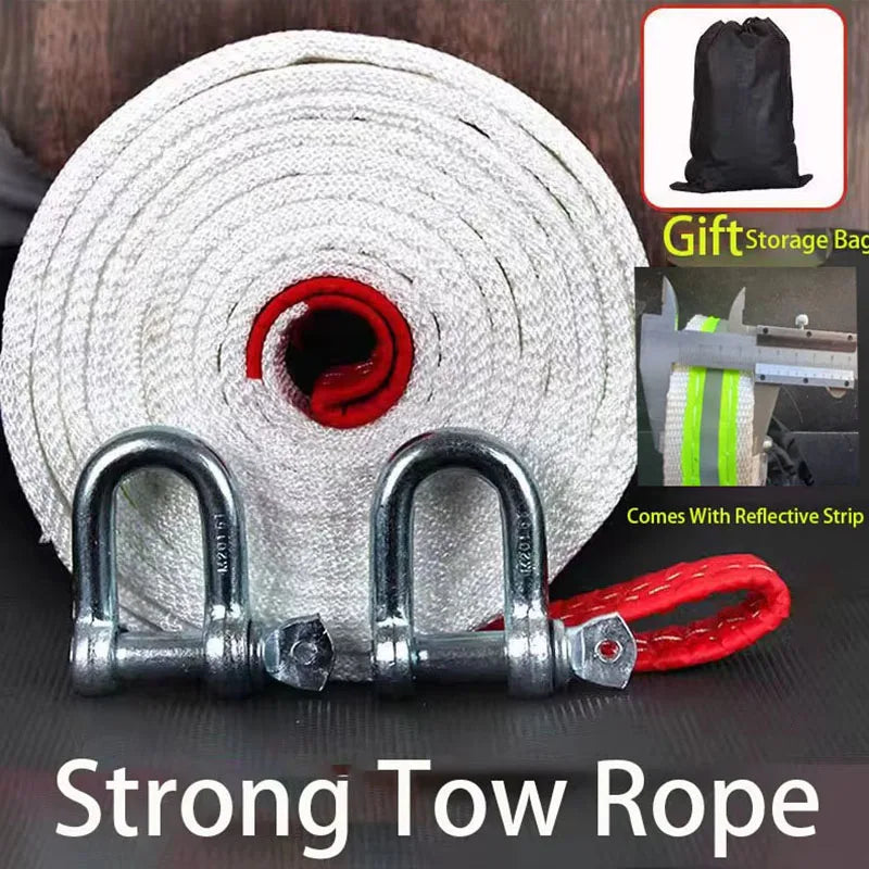 "Heavy-duty tow strap with carabiner hook for emergency towing. Made of strong rope."