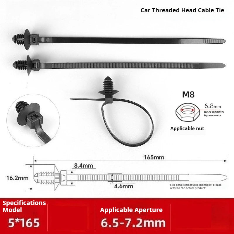 Black threaded head harness cable ties on white. Two-pack for push mount wiring. Universal nylon material. Product title: Uni