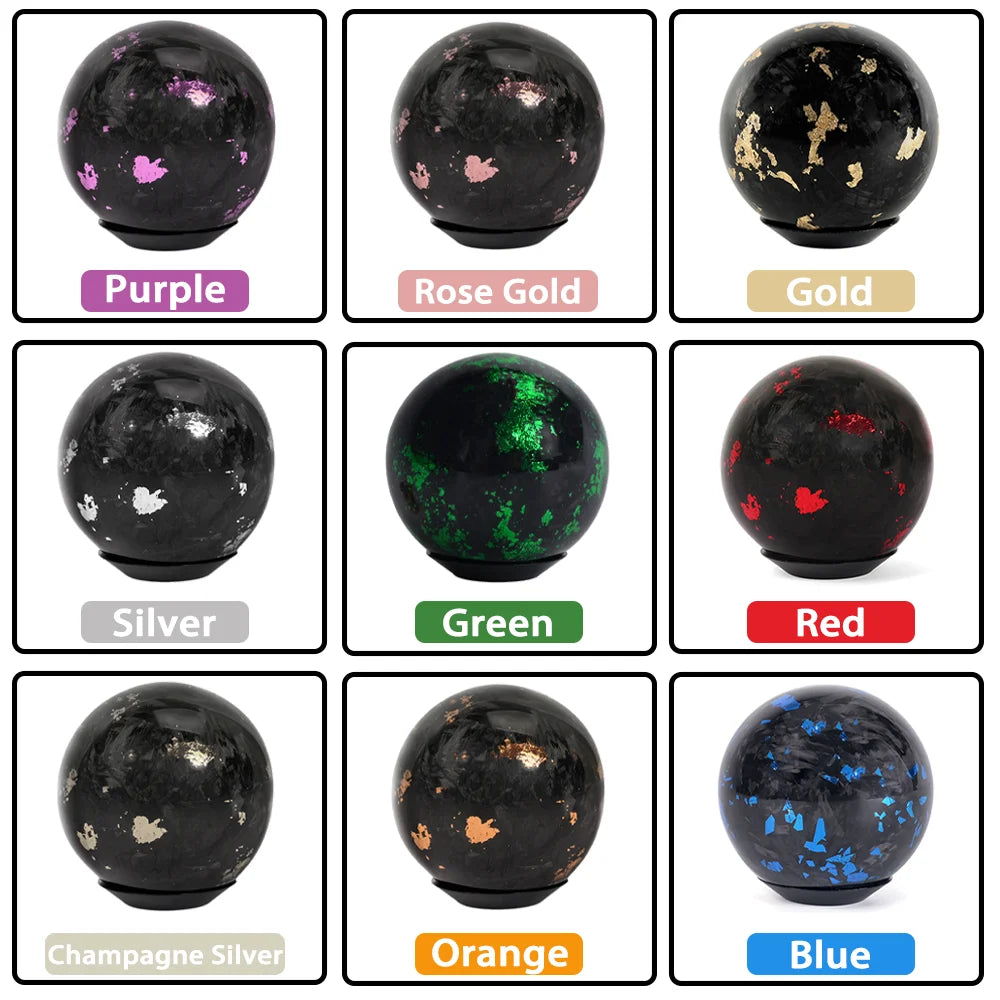 Carbon fiber knob in six colors (Matte Black, Gloss Red, Blue, Yellow, Grey, White). Fits manual and automatic. Dimensions: H