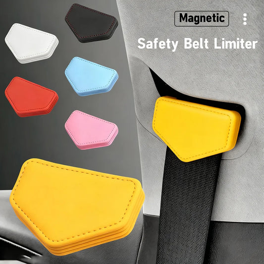 'Adjustable seat belt limiter with magnetic closure. Universal fit for cars. Improves safety and comfort.'