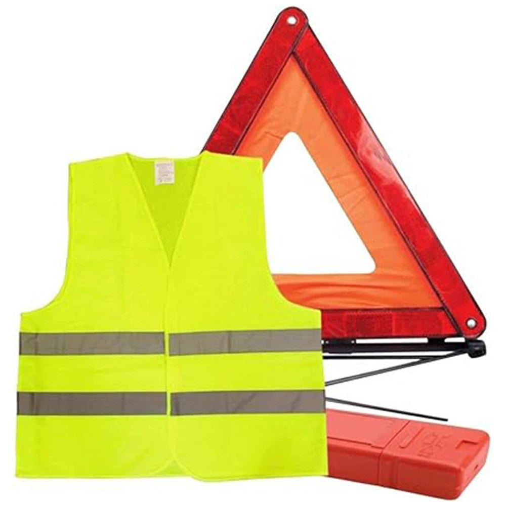 'Car emergency triangle with reflective sleeve, 38cm x 38cm. Comes with a reflective safety vest and detachable reflective co