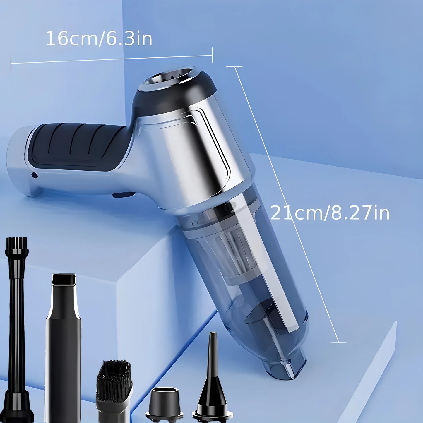 "High-power handheld wireless vacuum cleaner against a blue backdrop."