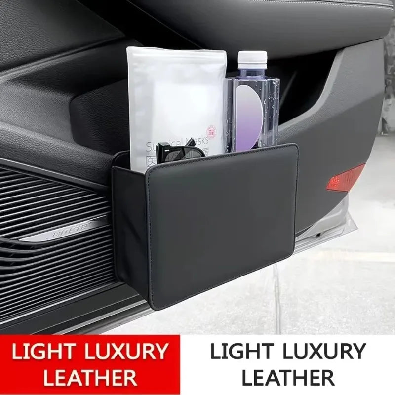 'Foldable car trash can with integrated LED lights. Attaches to seat back for tidy storage.'