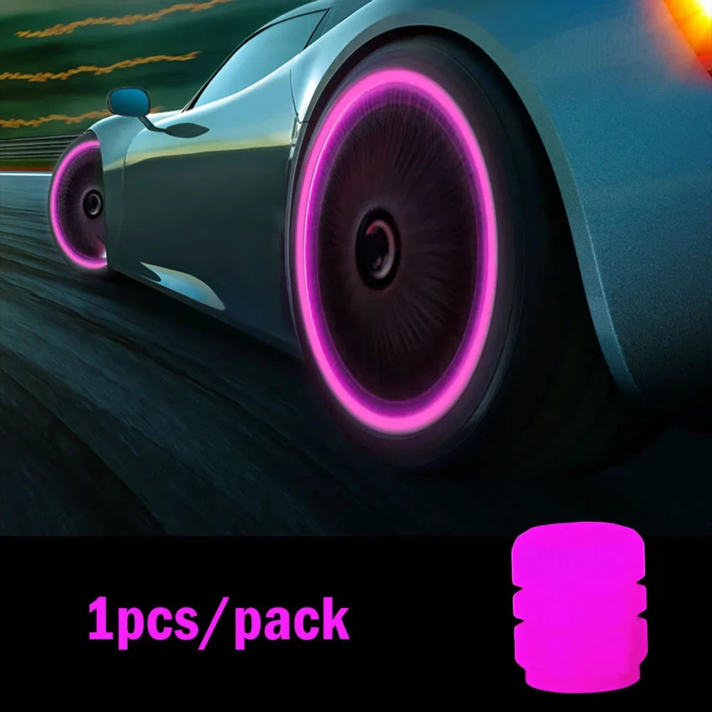 Pink glow valve cap on car tire — adds style, dust-proof seal. Fits standard 17mm stems. Car décor upgrade.