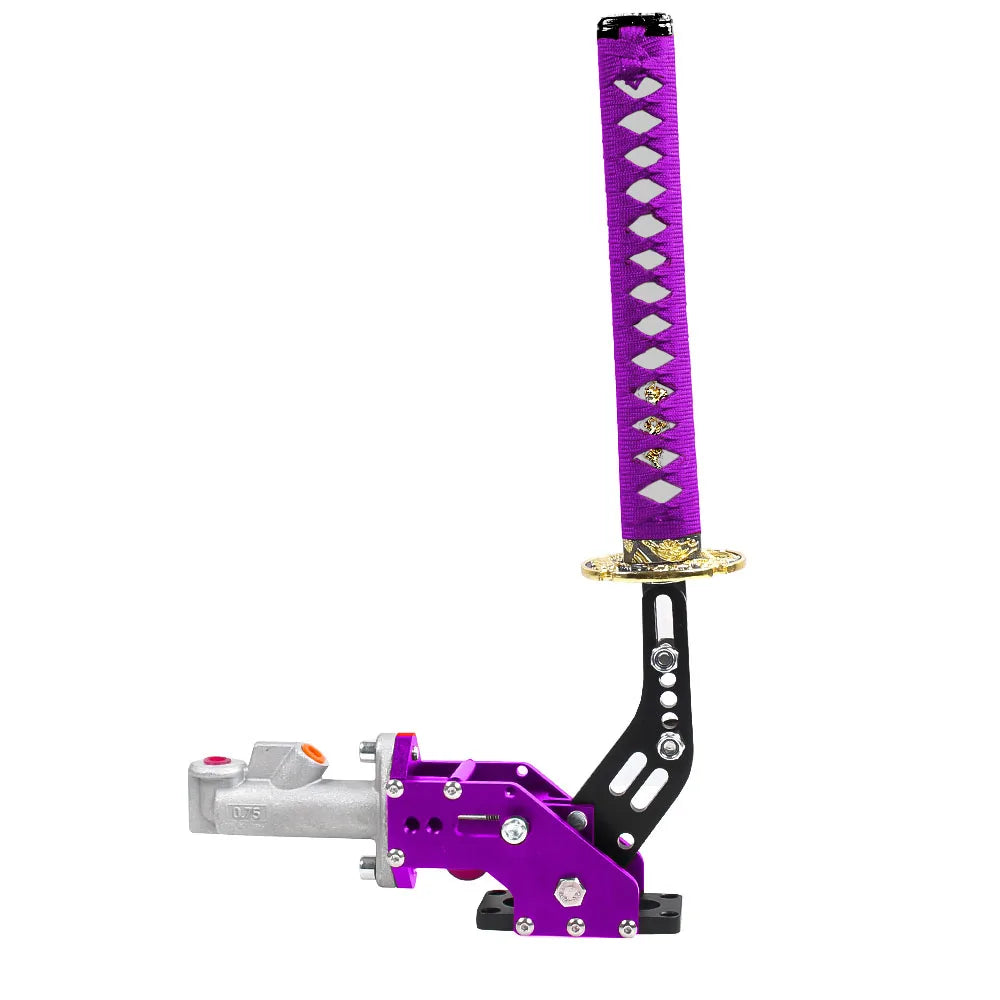 "Purple skateboard handbrake with black and white handles."
