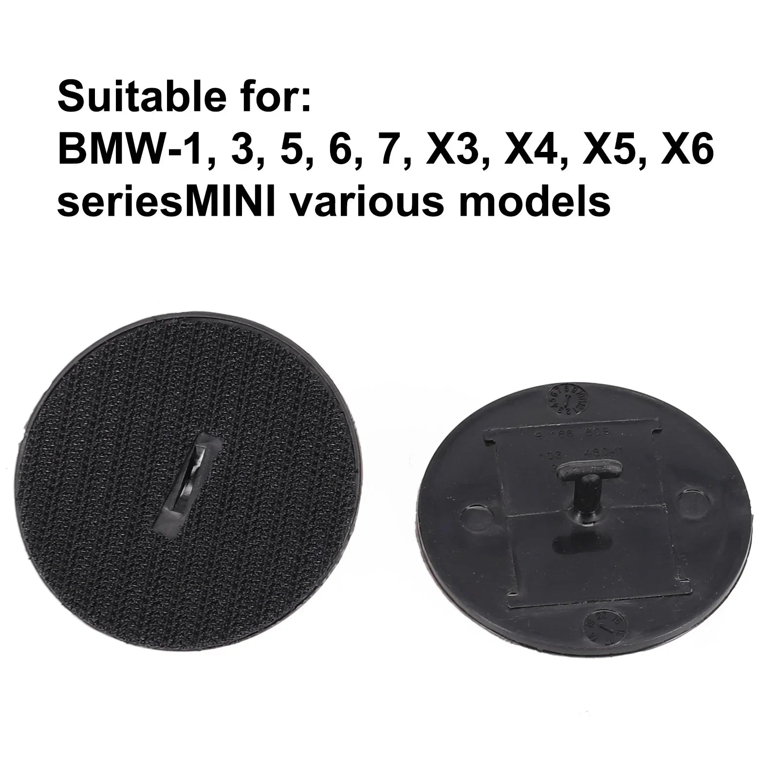 Black plastic clip with a white background - BMW/MINI floor mat anchor.