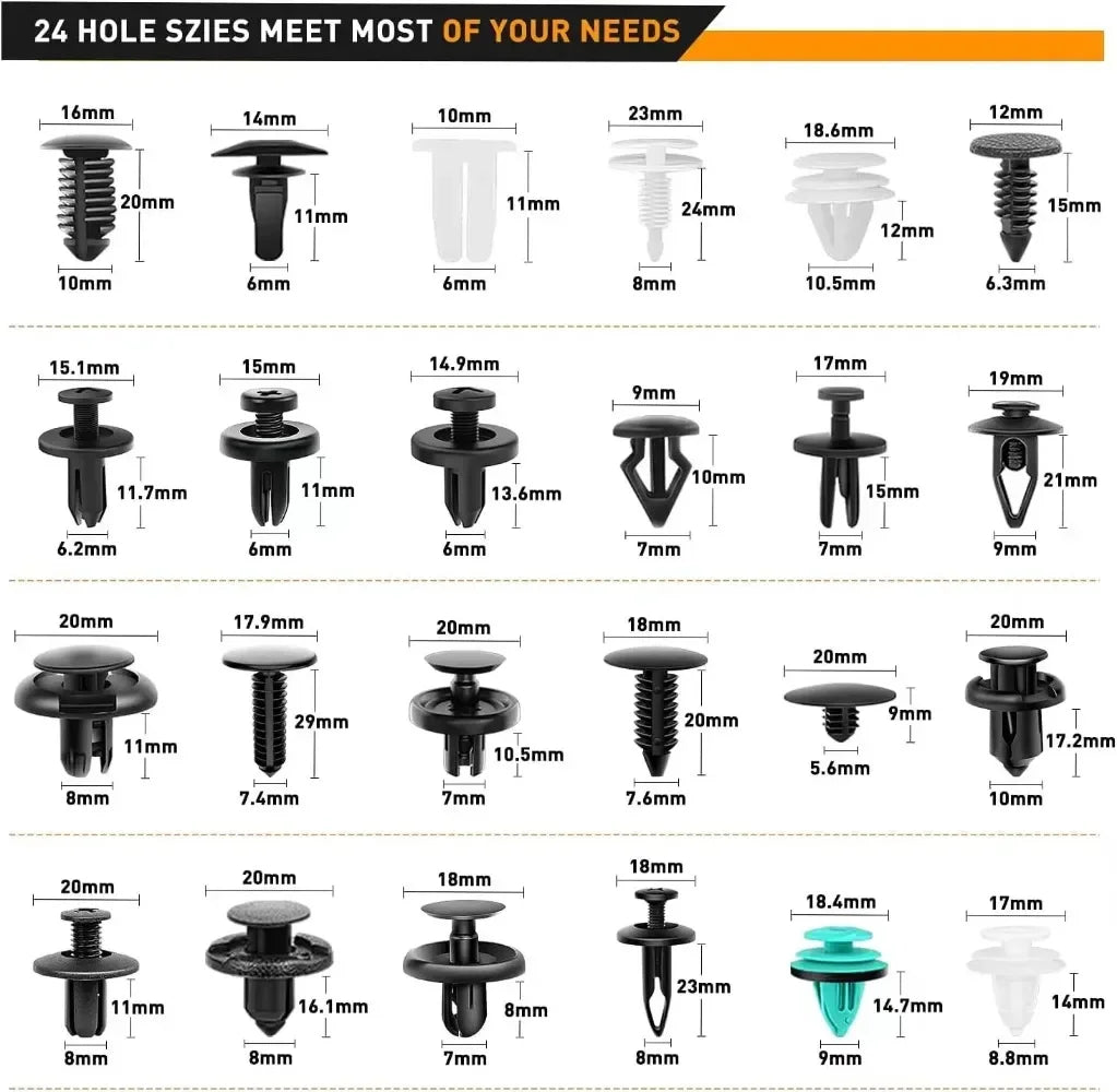 "800-piece Car Fastener Clip Kit: Includes 4 sets of 20mm clips for trim and panel repair."