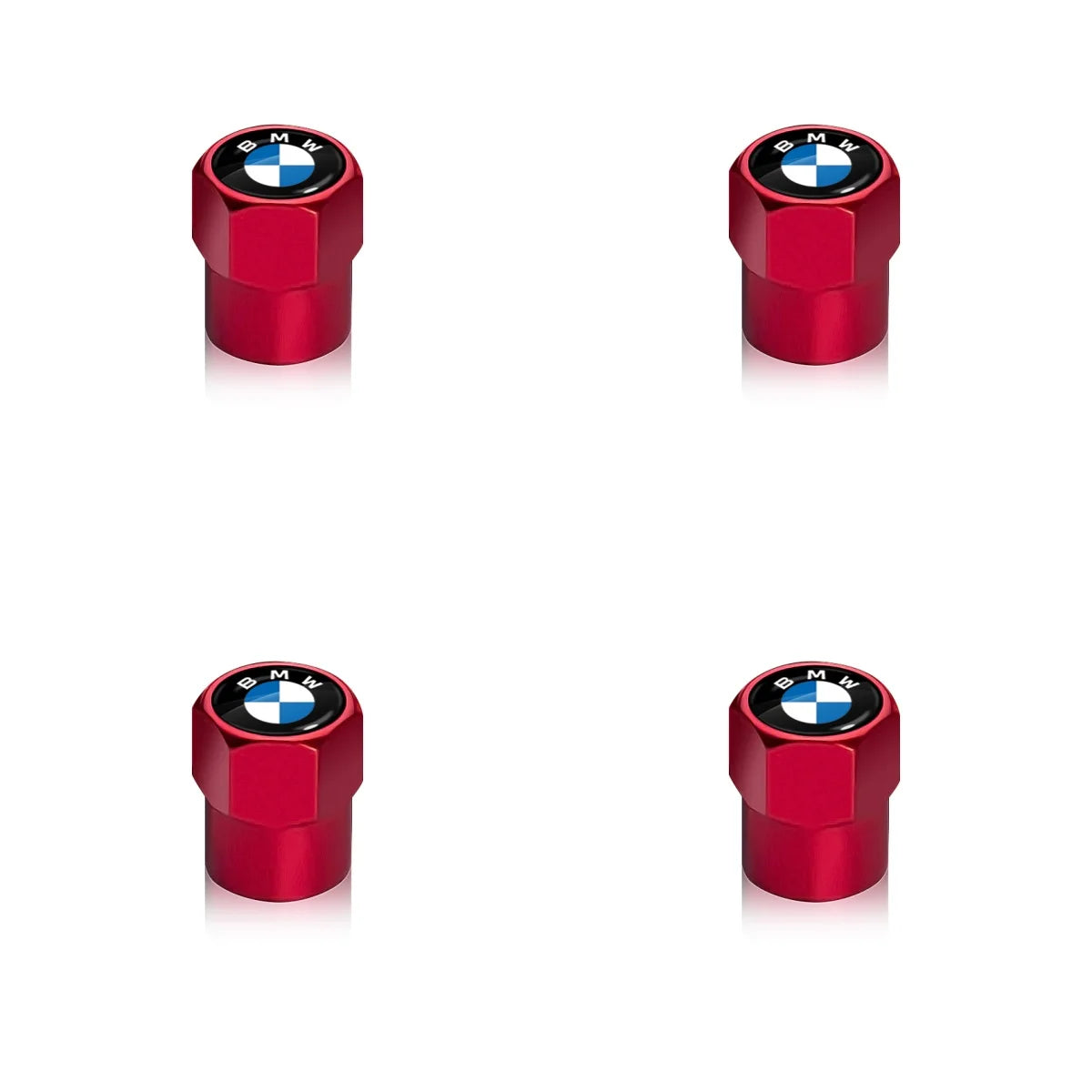 Four red aluminum BMW wheel hubs, precision-engineered for superior durability and performance.