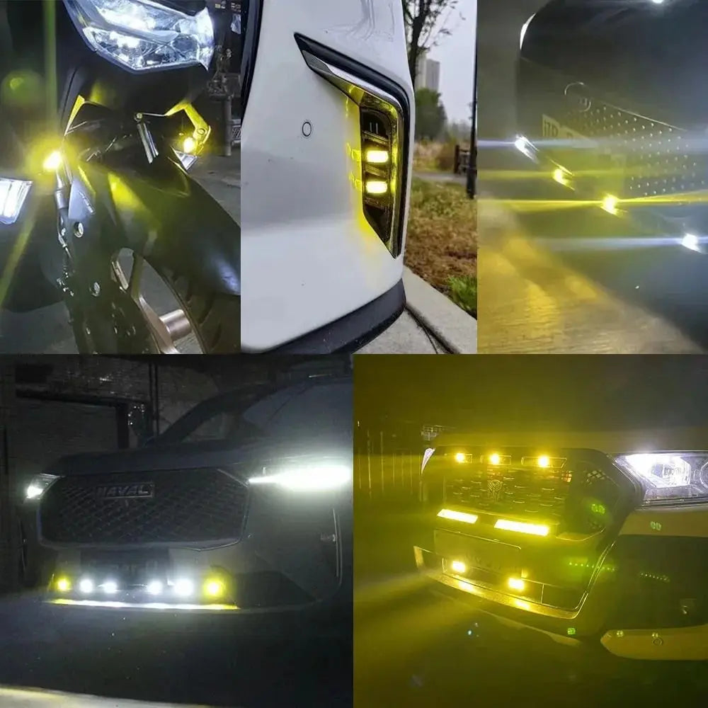 'Mini Car LED Headlights set - 2 pairs with 5500K/3000K lenses, shown installed for demo.'