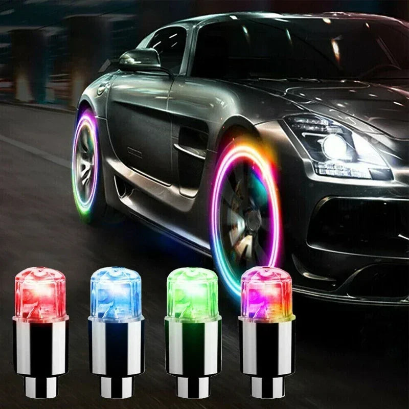 'LED wheel lights: fit cars, bikes, motorcycles. Valve cap style. 126mm diameter. Water-resistant.'