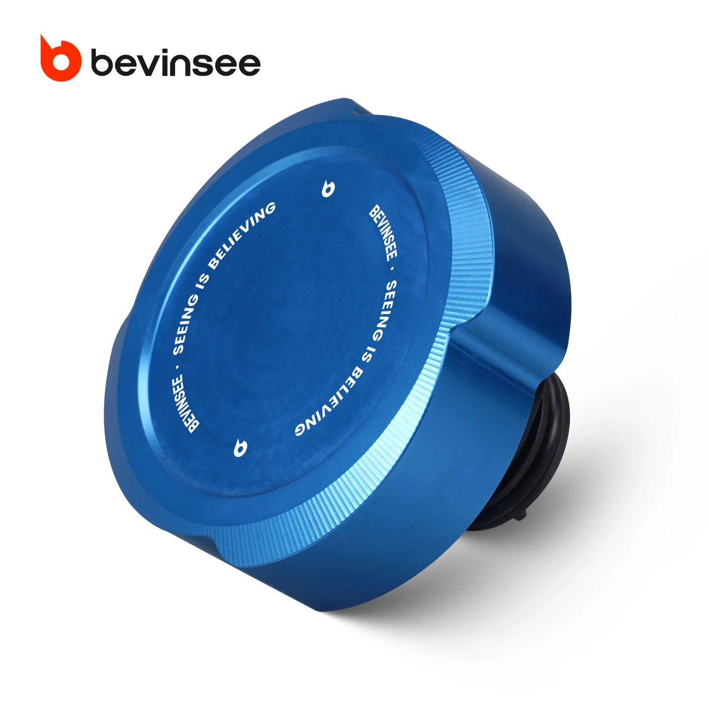 "BEVINSEE CNC aluminum expansion tank cap for BMW E46 E36 vehicles. Blue finish."