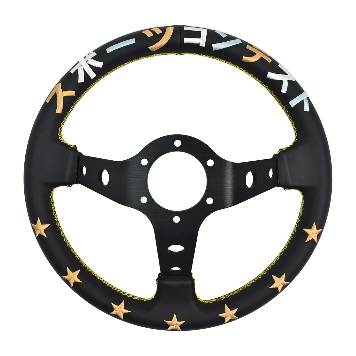 JDM 330mm black microfiber steering wheel with star-embossed center. Fits deep-dish applications. Import replacement.