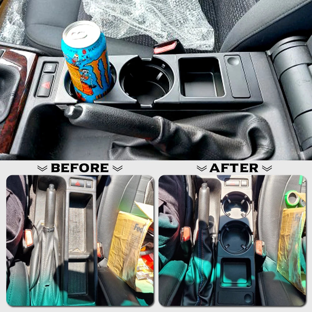 "BMW E46 model cup holder and coin tray for select vehicles (1999-2006)."