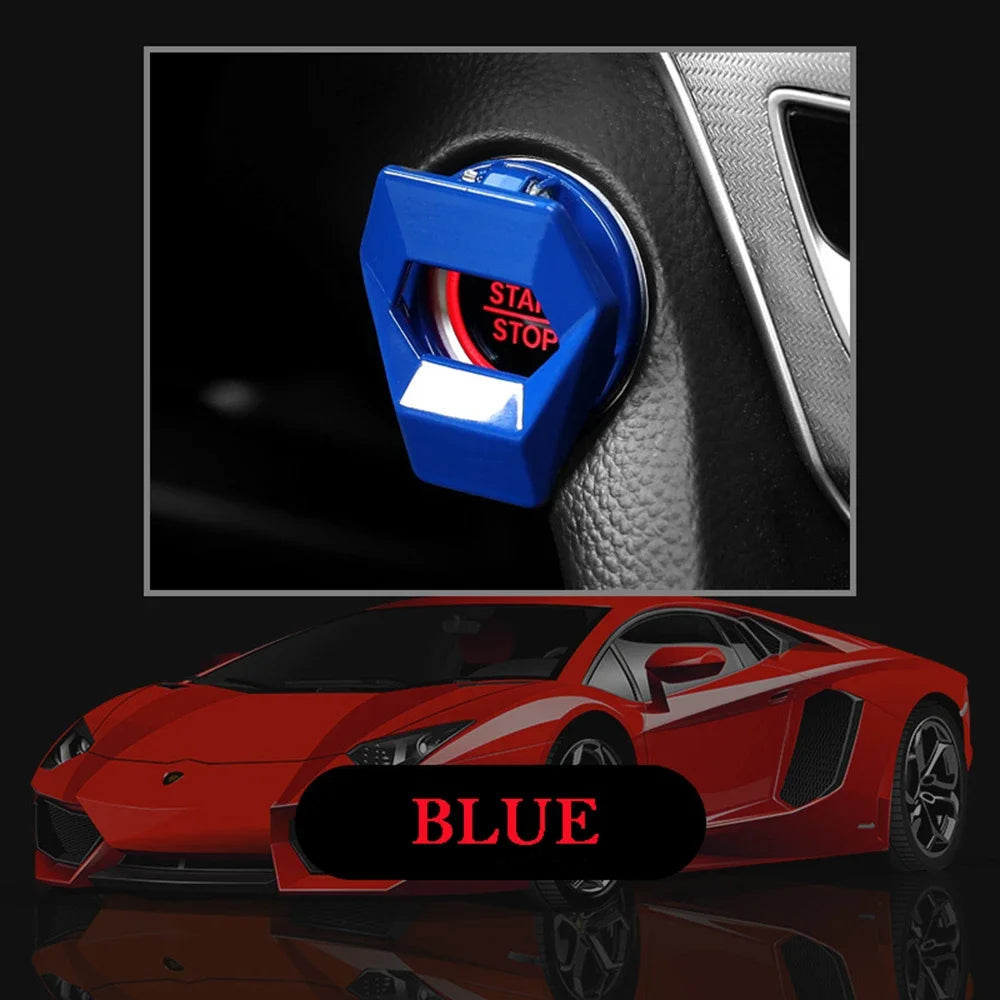 Red and blue car model with 'STOP' displayed. Showcases product fitment near engine start/stop button area.